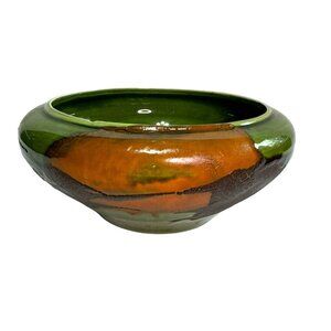 VINTAGE ROYAL HAEGAR POTTERY BOWL PLANTER EARTH WRAP GREEN BROWN 3.5"H X 8.25" W